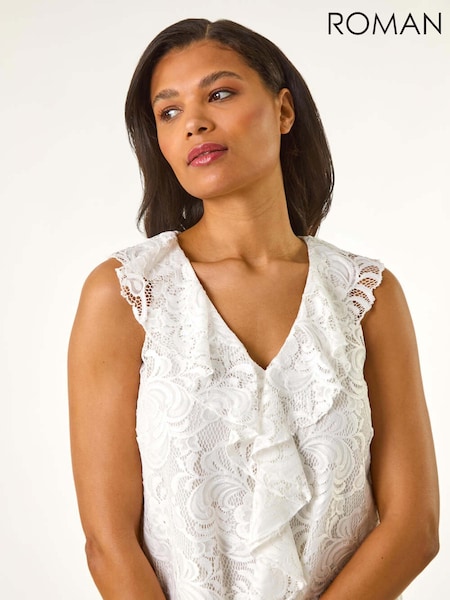 Roman White Lace V-Neck Ruffle Front Blouse (W32546) | €51