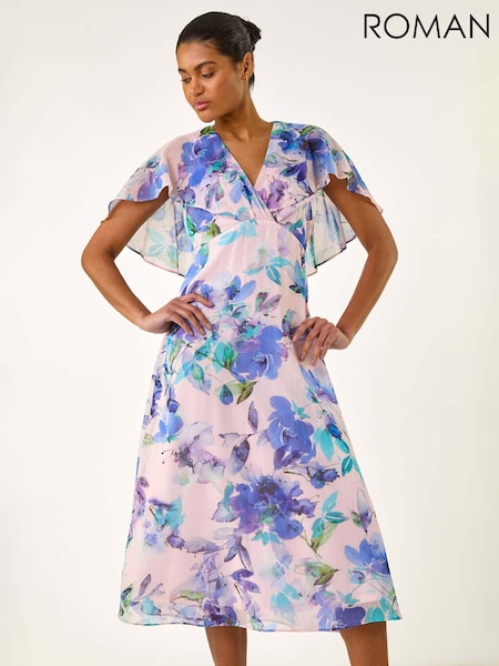Roman Purple Floral Print Cape Back Midi Dress (W32547) | 337 QAR