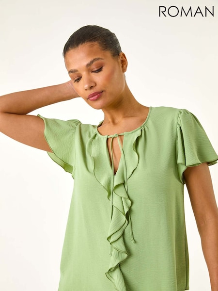 ירוק - Roman Frilled Sleeve Tie Front Top (W32549) | ‏201‏₪