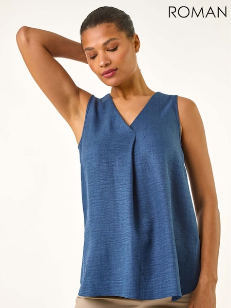Roman Blue V-Neck Front Pleat Draped Vest Top (W32552) | 198 QAR