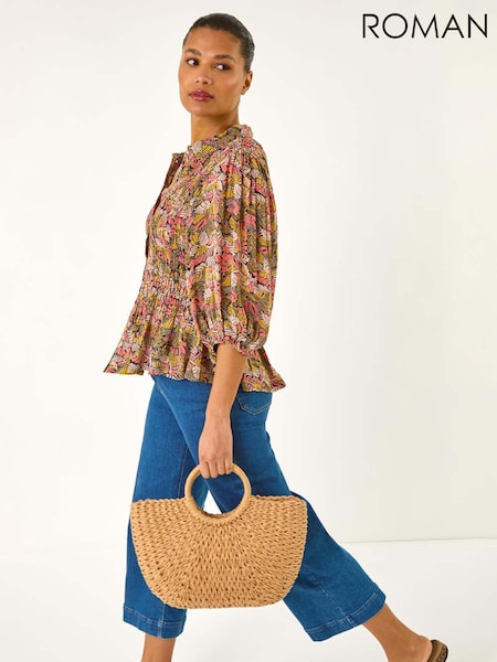 Roman Shirred Printed Front Button Blouse (W32553) | 51 €