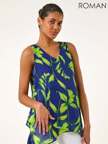 Roman Blue Floral Print Wrap Overlay Vest Top (W32554) | €53