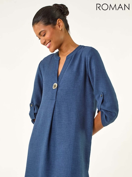 Roman Blue Horn Button Detail Longline Tunics Top (W32556) | AZN 123