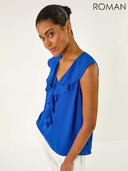 כחול  - Roman Ruffle V-Neck Vest Blouse (W32561) | ‏201‏₪
