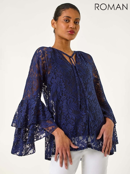 Roman Blue Tie Neck Lace Detail Top (W32564) | €60