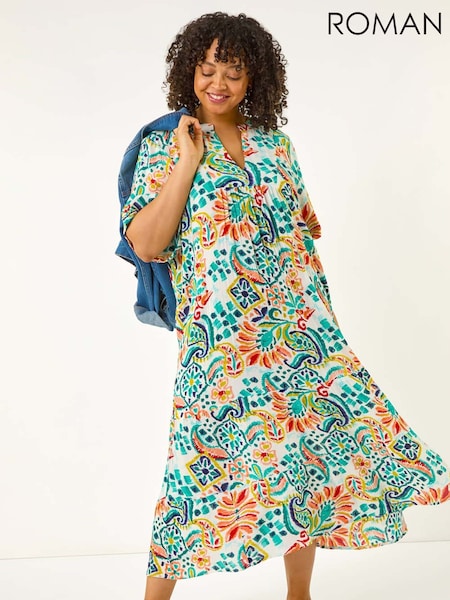 Roman Blue Curve Printed V-Neck Midi Dress (W32606) | €72