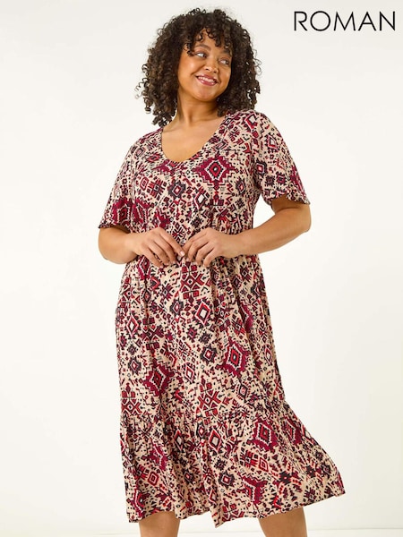 Roman Pink Curve Ikat Print Tiered Dress (W32612) | €63