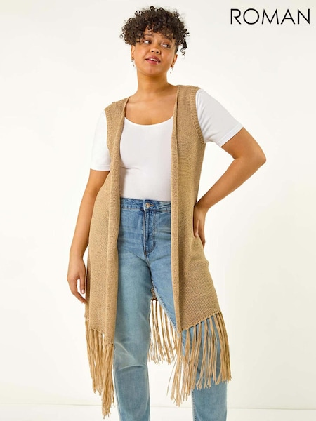 Luonnollinen - Roman Curve Crochet Knit Tassel Cardigan (W32615) | €66