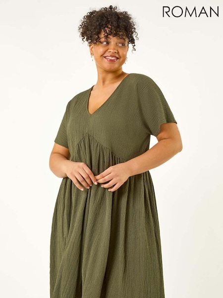Roman Green Curve Textured Tie Back Stretch Dress (W32616) | €64