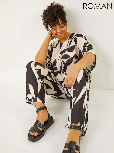 Roman Curve Leaf Print Stretch Trousers (W32619) | ‏264‏₪
