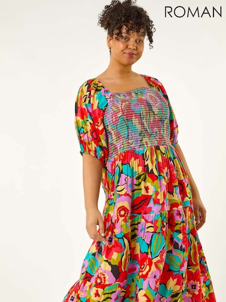 Roman Multi Curve Floral Print Shirred Midi Dress (W32621) | €74