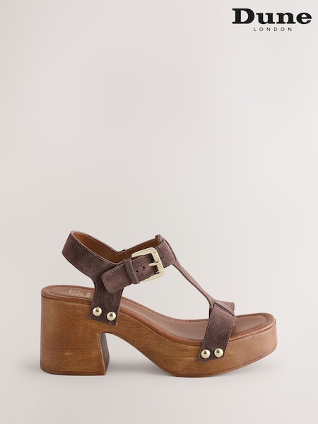 Dune London Brown Jaynie Chunky T-Bar Wood Block Sandals (W32682) | €126