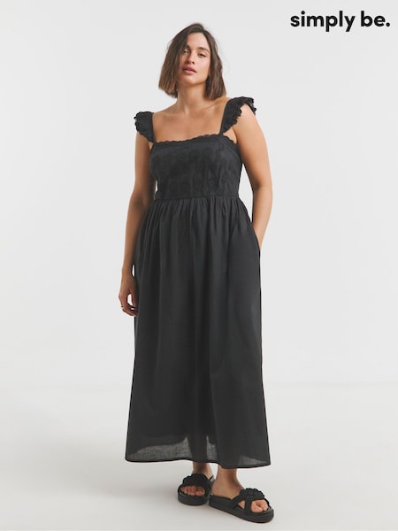 Simply Be Black Broderie Detail Midi 100% Cotton Dress (W32686) | €66