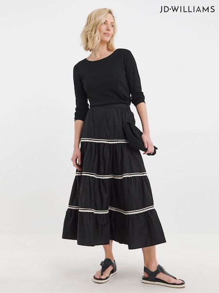 JD Williams Black 100% Cotton Ric Rac Tiered Maxi Skirt (W32717) | €53