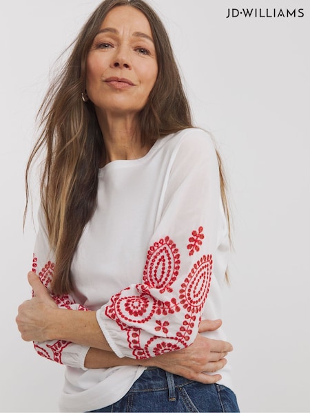 JD Williams White 100% Cotton Broderie 3/4 Length Sleeve Crew Neck Blouse (W32725) | €39
