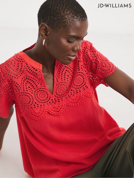 Coral - Bluză JD Williams cu broderie și tiv din Material încrețit (W32726) | 268 LEI