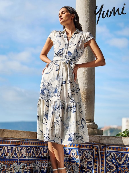 Yumi Cream Abstract Floral Print  Midi Shirt Dress (W32768) | €84