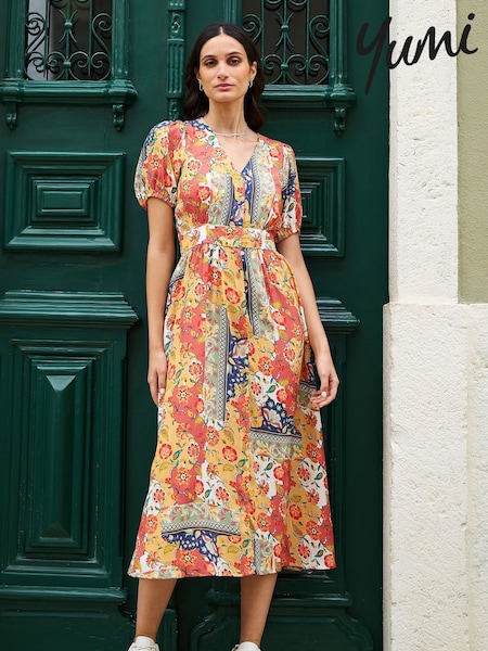 Yumi Orange Floral Patchwork Print Midi Shirt Dress (W32773) | ₪352