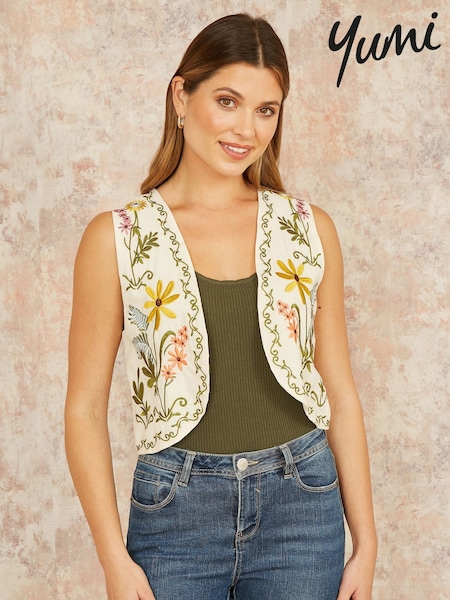 Yumi Cream Floral Print Embroidered 100% Cotton Waist Coat (W32777) | €60
