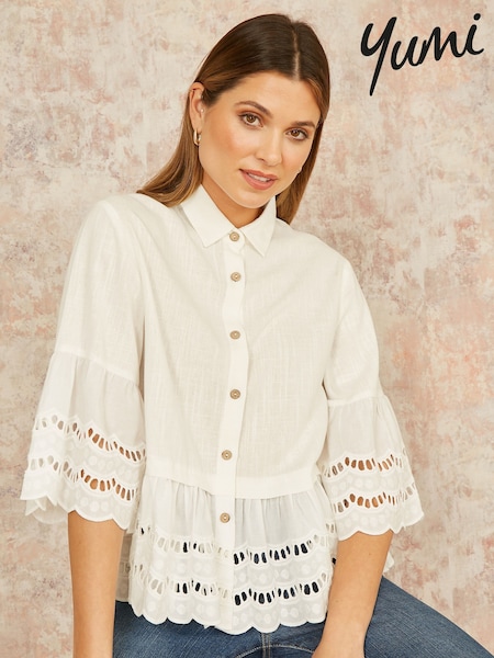 Yumi White Linen Relaxed Shirt With Scallop Trims (W32783) | ₪251