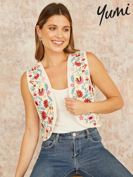 Yumi Cream Folk Embroidered 100% Cotton Waist Coat (W32784) | €60