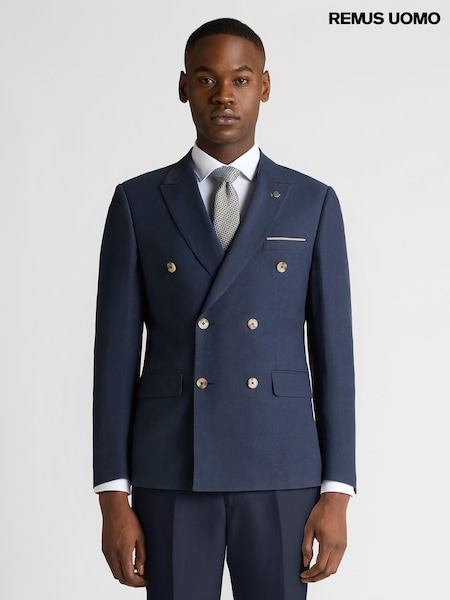 Remus Uomo Blue Double Breasted Slim Fit Double-Breasted Linen-Blend Suit Jacket (W32813) | AED1,101