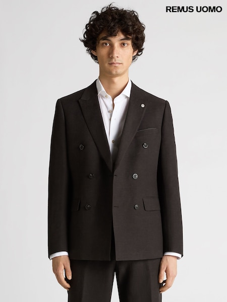 Remus Uomo Black Double Breasted Slim Fit Double-Breasted Linen-Blend Suit Jacket (W32818) | AED1,101