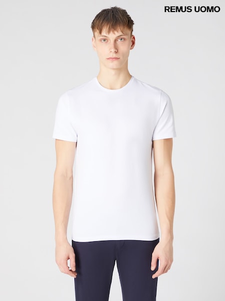 Remus Uomo White Tapered Fit Cotton Stretch T-Shirt (W32840) | 148 QAR