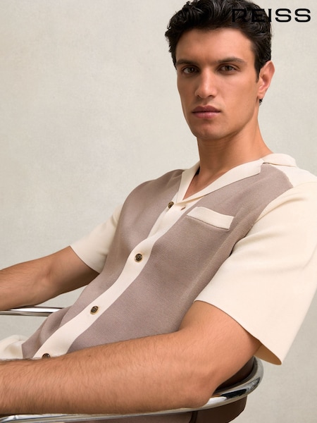 Reiss Taupe Brown/Light Stone Noble Colour-Block Cuban-Collar Knit Shirt (W32849) | €185