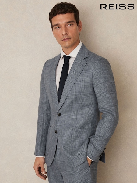 Reiss Soft Blue Reef Slim Fit Single Breasted Linen Check Suit Blazer (W32865) | 2,190 QAR