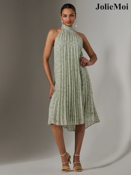 Jolie Moi Green Pleated Halter Neck Midi Dress (W32897) | 356 QAR