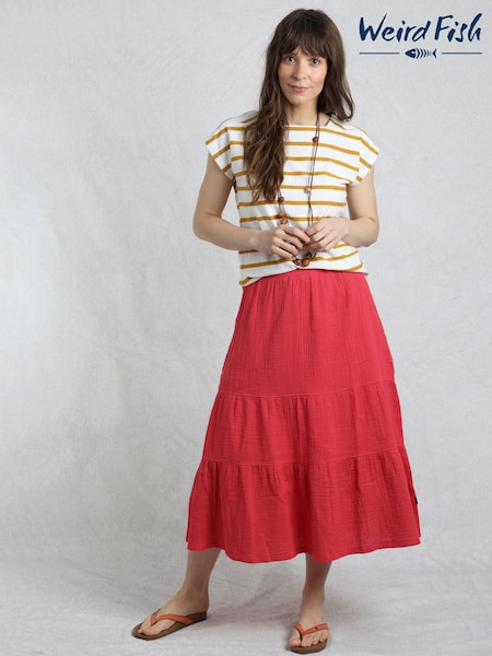 Weird Fish Red Lathika Doublecloth Midi Tiered 100% Cotton Skirt (W32956) | €53