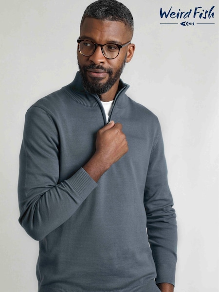 Weird Fish Blue Baxter Fine Knit 1/4 Zip 100% Cotton Jumper (W32961) | €79