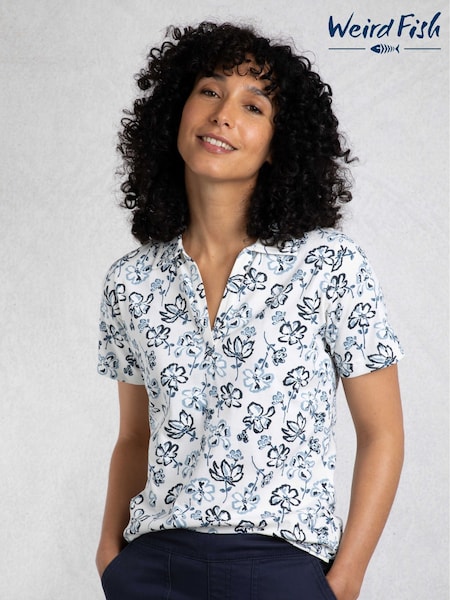 Weird Fish Cream Rehena Printed 100% Cotton Jersey Polo Top (W32967) | ₪191