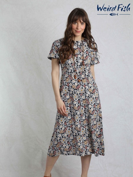 Weird Fish Blue Everly Viscose Printed Tea Dress (W32978) | €89