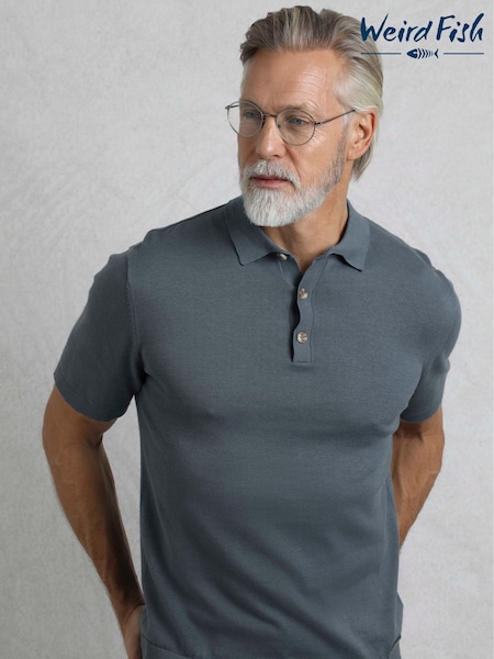 Weird Fish Blue Quentin Short Sleeve Knitted 100% Cotton Polo Shirts (W32980) | AED262