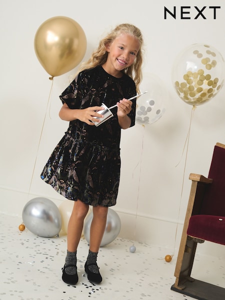 Navy Print Velvet Dress (3-16yrs) (W33003) | R$ 315 - R$ 370