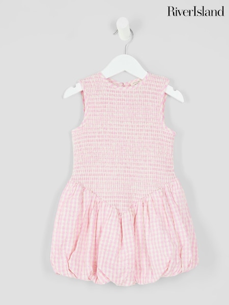 River Island Pink Girls Check Lurex Shirred Dress (W33024) | €31