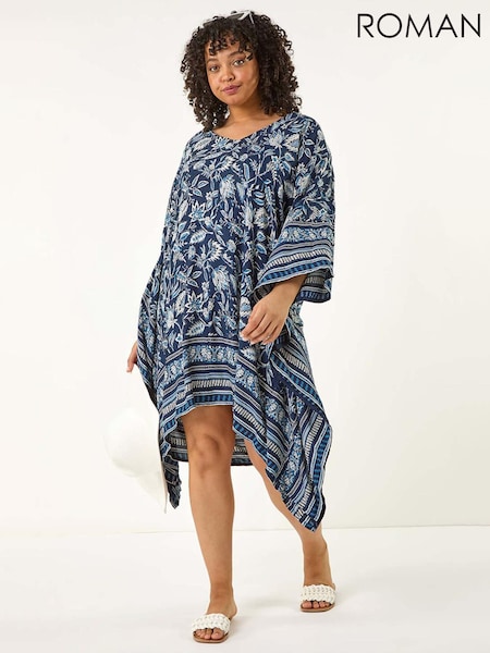 Roman Blue Curve Floral Print Border Print Tunic Dress (W33048) | €78