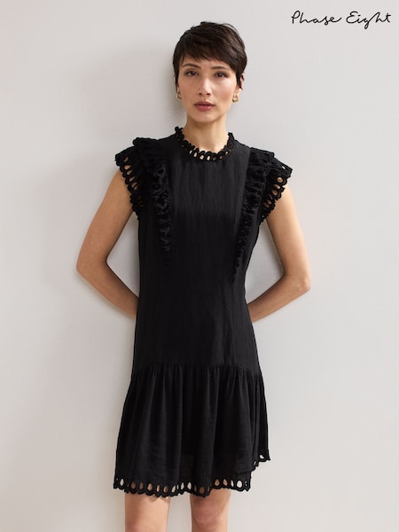 Phase Eight Black Petite 100% Cotton Asa Floral Dress (W33057) | €183