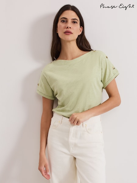 Phase Eight Khaki Green Suzie Button 100% Cotton T-Shirt (W33072) | ₪196