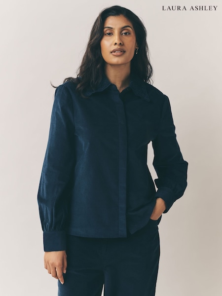 Laura Ashley Navy Cord Blouse with Embroidered Collar (W33081) | €67