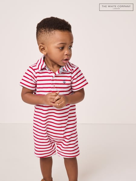 The White Company Baby Red 100% Cotton Terry Stripe Romper (W33177) | €39