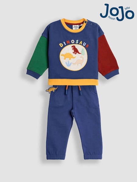 JoJo Maman Bébé Indigo Blue Dinosaur 2-Piece Drop Shoulder Sweatshirt & Joggers Set (W33179) | €37 - €45