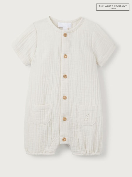 The White Company White Crinkle 100% Cotton Giraffe Embroidered Rompersuit (W33182) | ₪131