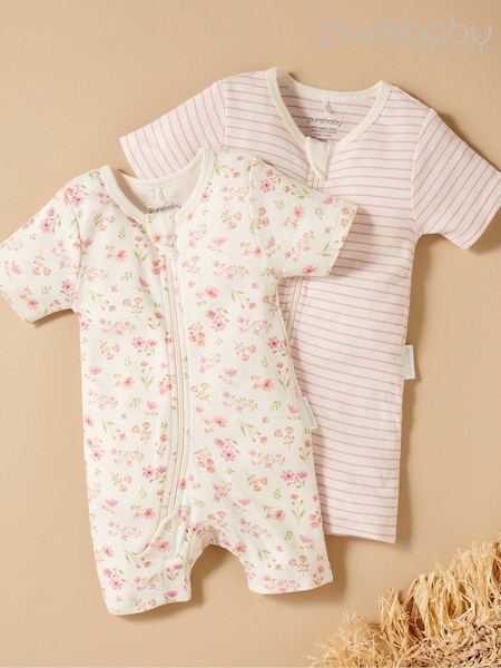 Rosa - Purebaby Turtle Print Short Sleeve 100% Cotton Sleepsuits 2 Pack (W33228) | 42 €