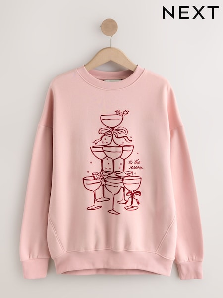 Pink Seasonal Christmas Graphic Champagne Tree Longsleevee Crewneck Sweatshirt (W33371) | €28