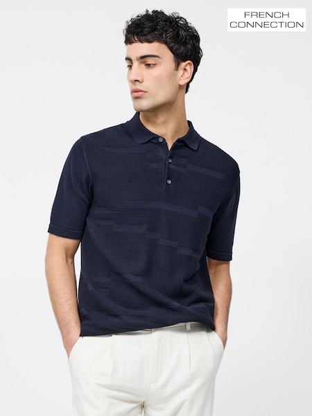 French Connection Blue 100% Cotton Textured Block Print Short Sleeve Button Polo Top (W33401) | €58