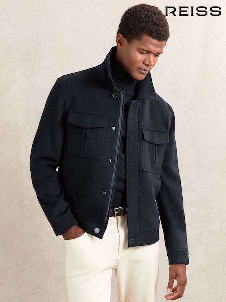 Reiss Navy Perisil Wool Blend Twin Pocket Zipped Jacket (W33494) | €423