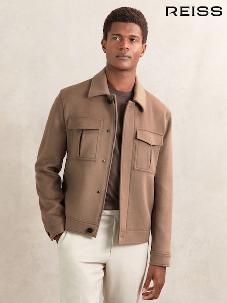 Reiss Dark Brown Perisil Wool-Blend Twin-Pocket Zipped Jacket (W33495) | €395